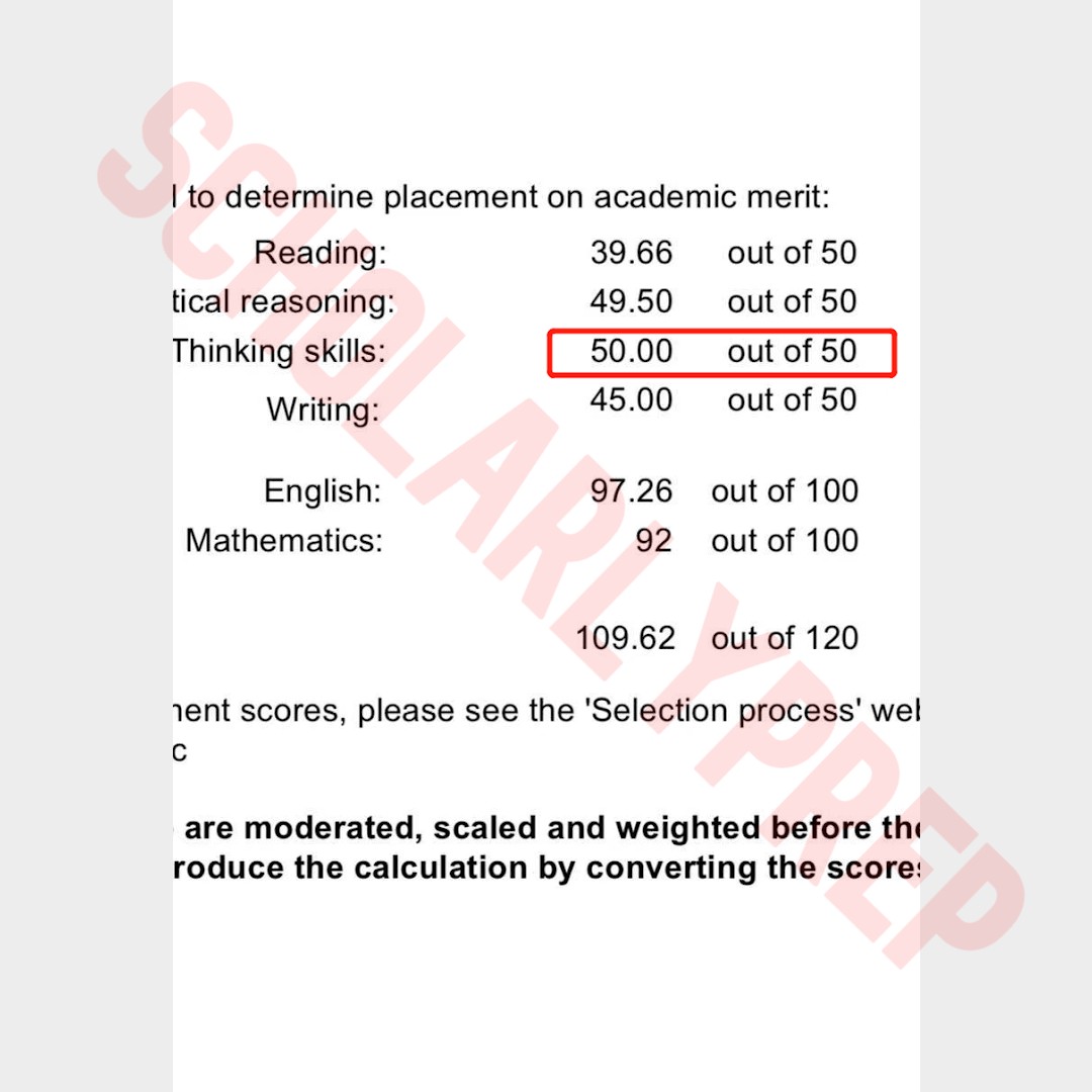 scholarly selective school result with a score of 109.62 over 120