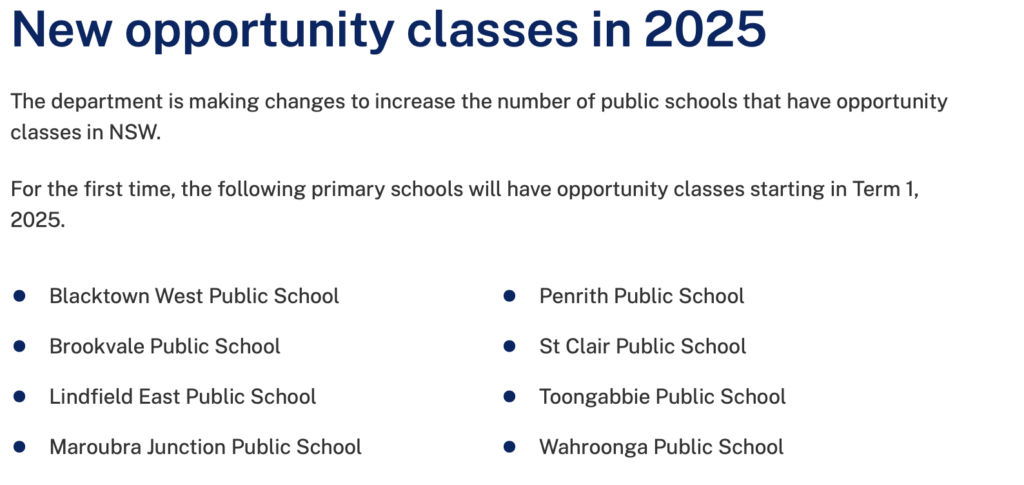 list of schools to have Opportunity classes (OC) from 2025.