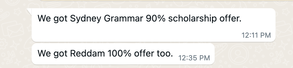 100% Reddam and 90% Sydney Grammar scholarship offers
