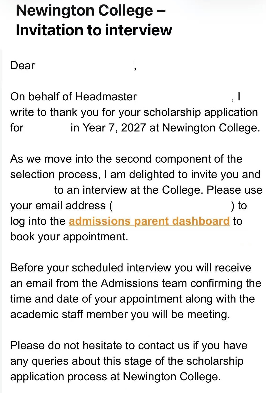 Newington College Interview Offer