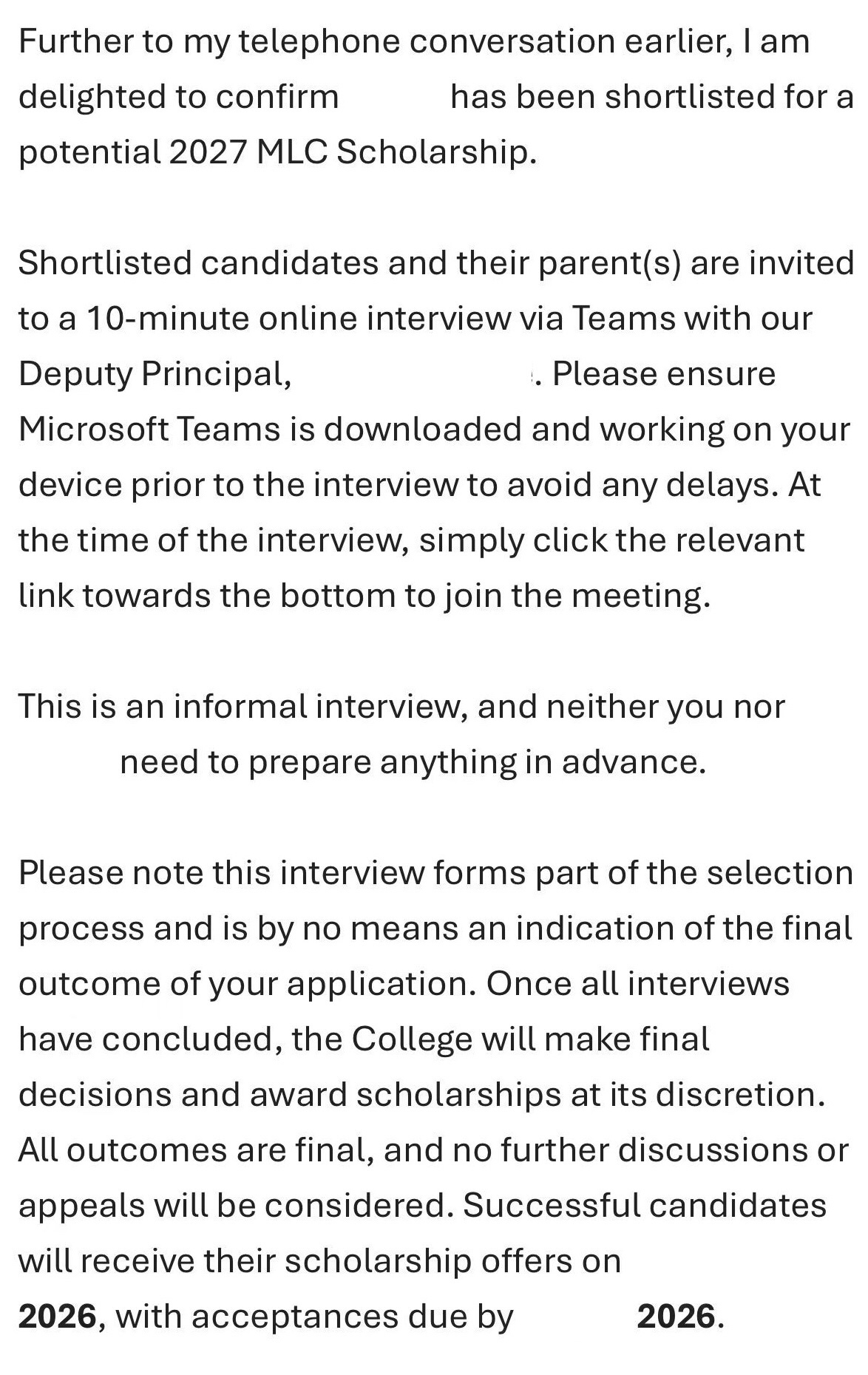 MLC School Interview Offered