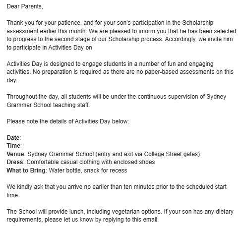 Sydney Grammar School Interview Offered