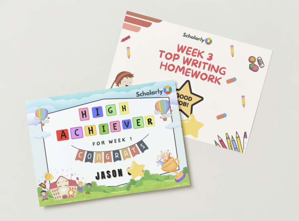 Examples of weekly writing homework and high achiever award certificates