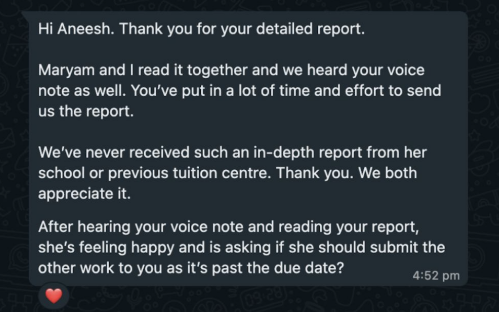 Message thanking a Success Coach following a phone discussion about a progress report