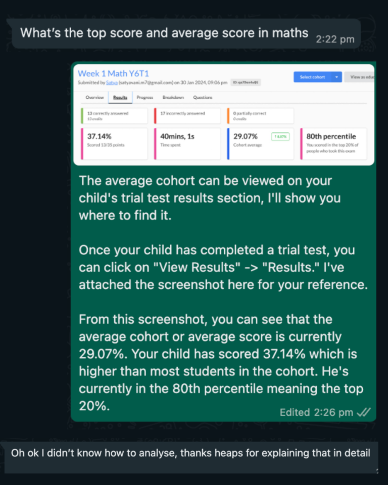 WhatsApp message from a parent thanking their Success Coach