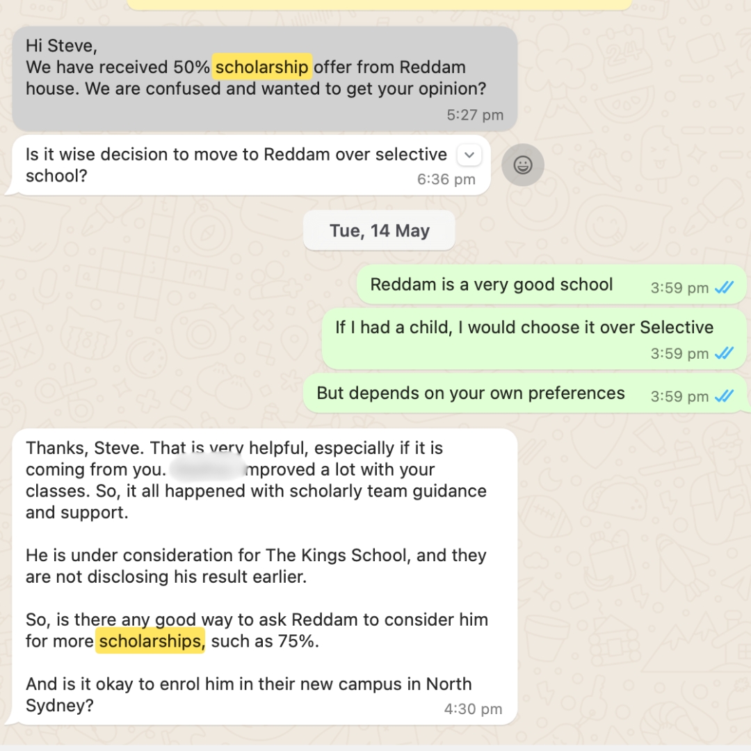 Parent message: received 50% scholarship offer from Reddam House